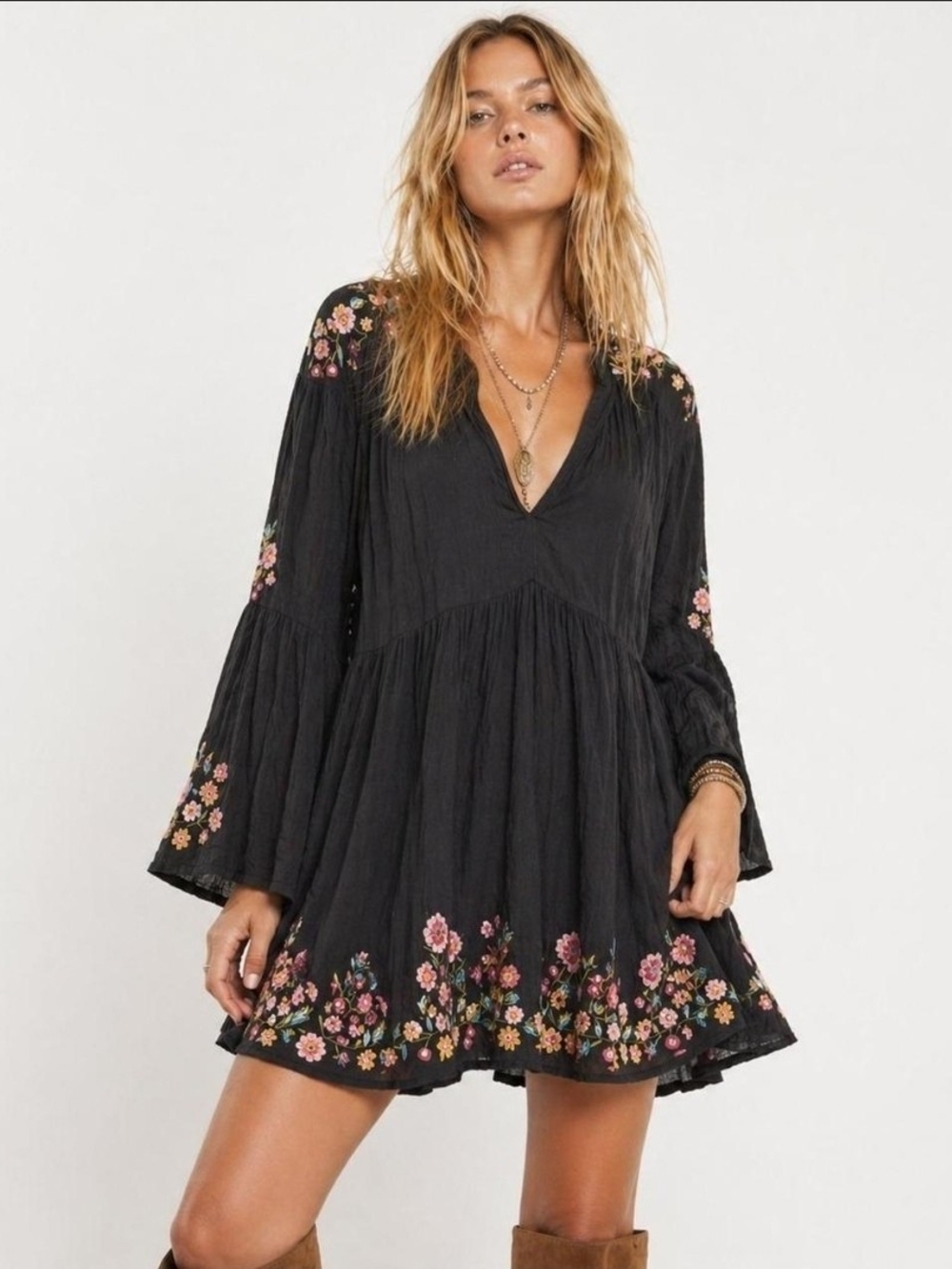 Free People Black Mini Dress with Pink & Orange Floral Embroidery
